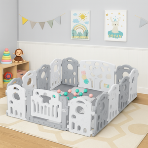 Foldable bear playpen with 14 grey and white panels set up in a playroom