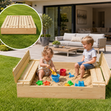 Wooden sandpit with lid and bench seats for garden play
