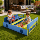 Wooden car sandpit with bench and folding lid

