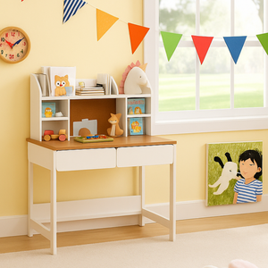 Kids wooden study desk with shelves and cork board