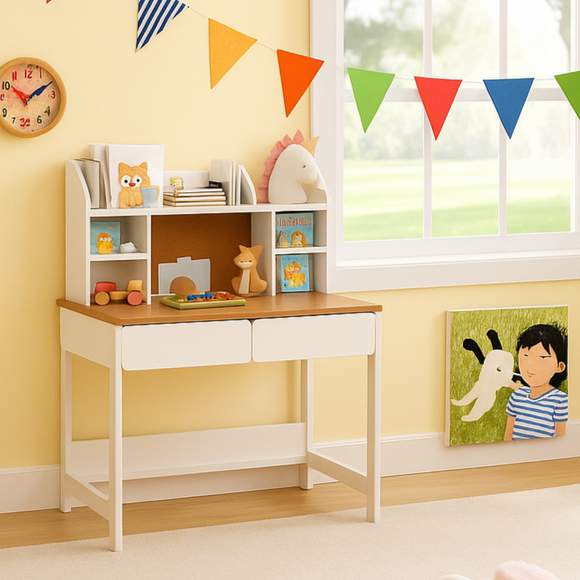 Kids wooden study desk with shelves and cork board