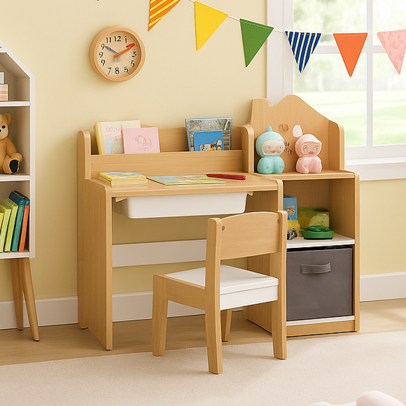 Kids wooden study desk and chair with storage
