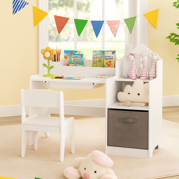 Kids white study desk and chair with grey storage bin