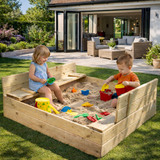 wooden sandpit with lid and seats
