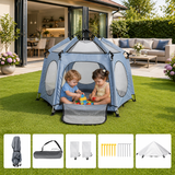 Foldable baby travel playpen with UV canopy in grey