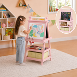 Kids 3 in 1 Montessori easel with paper roll and storage baskets in pink