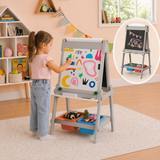 Kids 3 in 1 Montessori easel with paper roll and storage baskets
 in grey