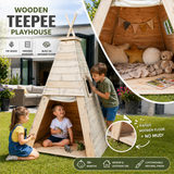 Wooden teepee playhouse with floor in sunny garden with children playing
