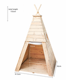 Wooden teepee playhouse with floor, natural timber finish, showing dimensions on white background