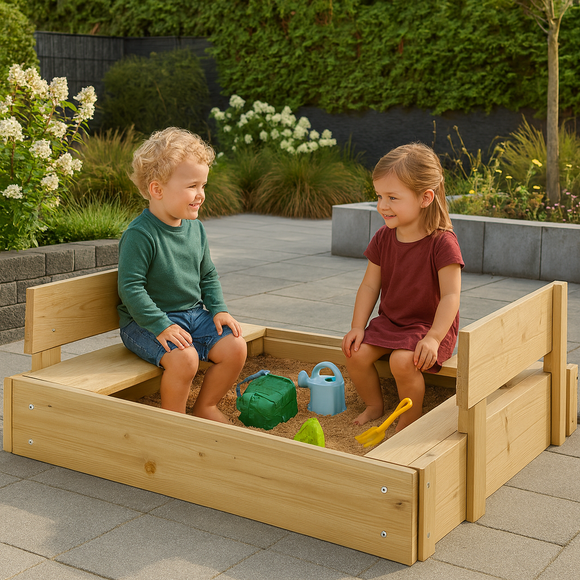 FSC certified wooden sandpit 100 x 90 cm with lid that converts to bench seats