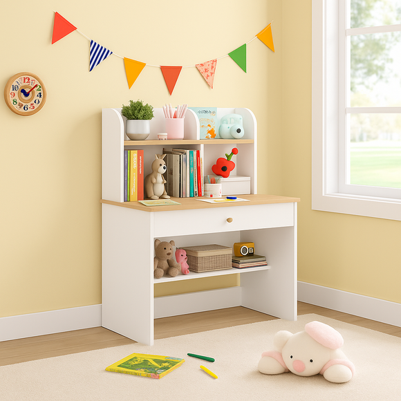 Kids Heavy Duty Hutch Desk | Storage Shelves & Drawer | Bookcase  in White for 3- 15 Years