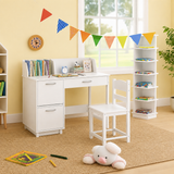 White kids desk and chair set with storage cupboards and bookshelf
