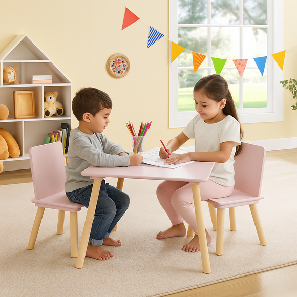 Montessori Scandi table and 2 chairs in pink and natural