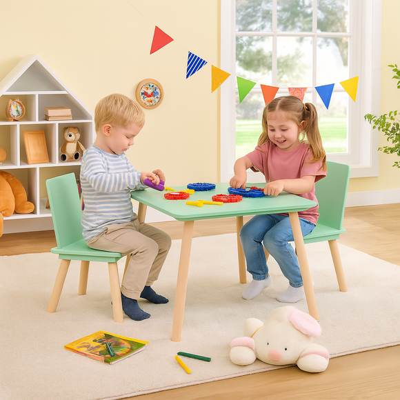 Montessori Scandi table and 2 chairs in mint green and natural

