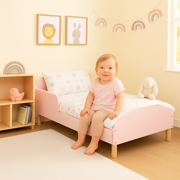 Scandi Pink Toddler Bed with Side Rails | Solid Pine Legs | 18m+