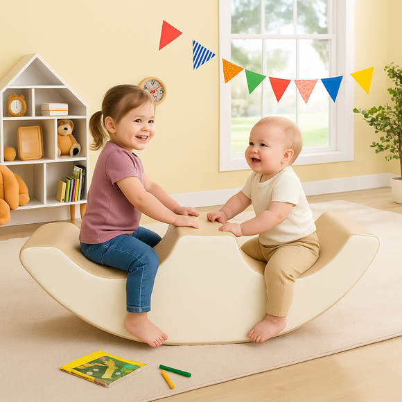 2 Seater Autism-Friendly Pikler Ride On |  Eco Leather Fabric in white & beige