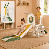 Cream foldable toddler slide with basketball hoop and ball