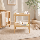 Solid birch wood baby changing table with open nursery storage shelf