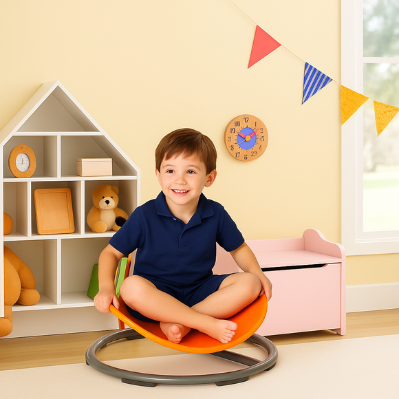Child spinning on Gonge Carousel sensory toy in bright playroom setting
