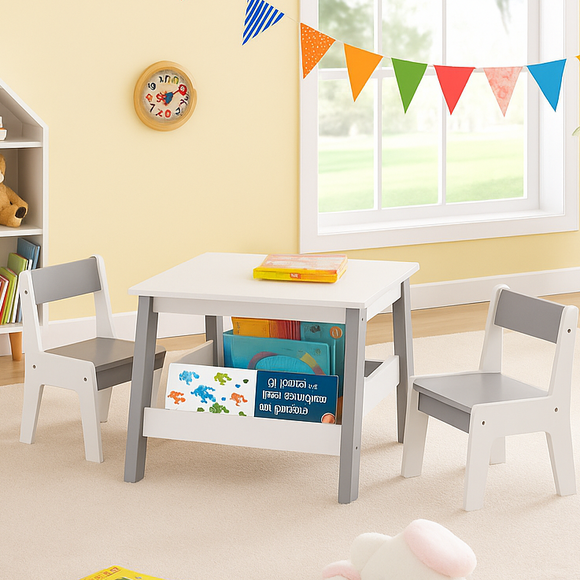 2-in-1 kids activity table with double-sided bookcase and chairs