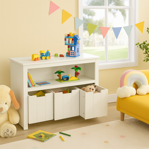 Montessori white toy storage with shelf and drawers
