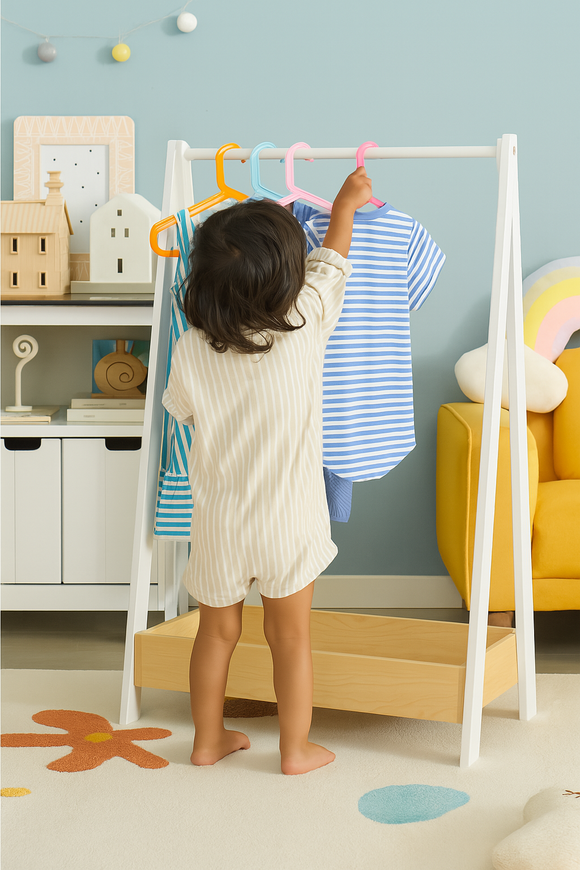 Montessori Wooden Clothes Rail for Children | 96 cm Toddler Self‑Dressing | Natural & White