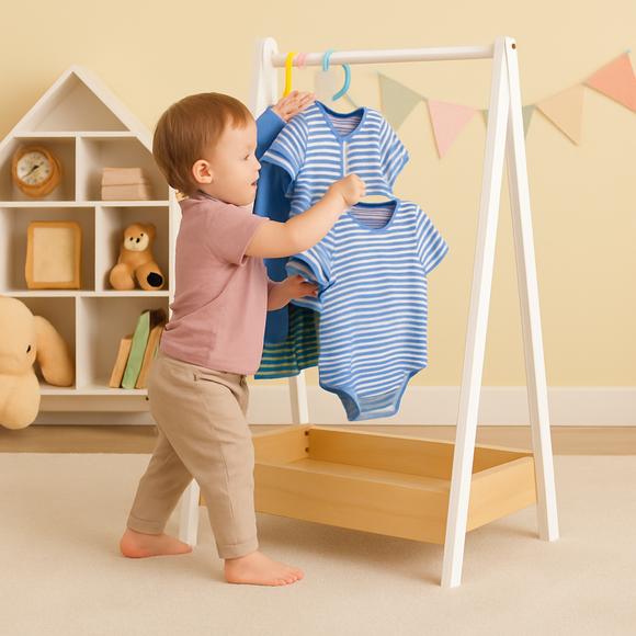 Montessori Wooden Childrens Clothes Rail with Storage