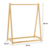 Montessori toddler clothes rail in natural pine with dimensions 96 cm high, 80 cm wide and 40 cm deep