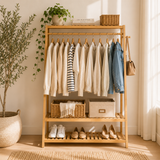 Freestanding bamboo clothes rail with shelves for laundry room storage and organisation