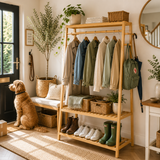 Nursery clothes rail with storage shelves for baby shoes blankets baskets and soft toys