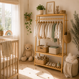 Montessori bamboo clothes rail with shelves for nursery clothing storage and baby organisation