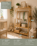 Open nursery wardrobe with bamboo clothes rail, shelves, baskets and baby clothing
