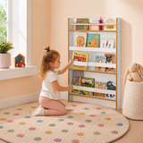 white wall-mounted children’s book case – compact wooden storage