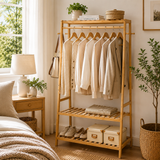 Modern bamboo clothes rail with shelves for stylish bedroom clothing and shoe storage solutions