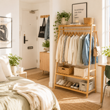 Bamboo nursery clothes rail with side hooks for nursery bags hats and baby accessories
