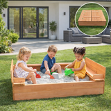 wooden childrens sandpit with lid and seats
