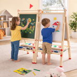 Image shows 2 children using 2 easels - one using the blackboard side and the other child using the whiteboard