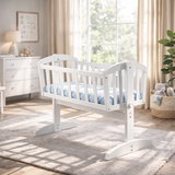 white wooden swinging baby crib rocking cradle
