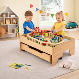 Deluxe Beech Wood Montessori Wooden Train Set | 2-in-1 Wooden Train Table | 100pc Train Set