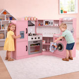 Large Deluxe Space Saving Corner Toy Kitchen complete with realistic features like ice maker, oven, washing machine and microwave