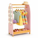 Deluxe Wooden Montessori Dress Up Rail with LED Light-up Mirror & Storage in Pink