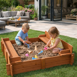 Childrens Non-Allergenic Pre-Treated Wooden Sandpit with Lid and Seats | Outdoor Kids Sand Pit  3-8 years | 96 x 96cm
