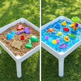 sand and water activity table for kids with outdoor sensory play toys