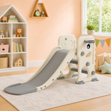 Neutral Cream & Grey Toddler Slide in Modern Montessori Playroom with Soft Pastel Decor