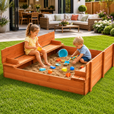 Fir Wooden sandpit with foldable bench seats for garden play