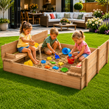 XXL Fir Wooden sandpit with foldable bench seats for garden play