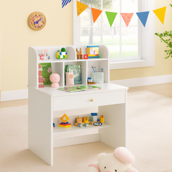 Kids hutch desk with cork board and shelves in white and natural wood