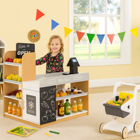 Wooden Pretend Play Grocery Store | Shopping Trolley & Cash Register | 3 Years+