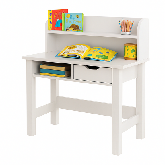 White children's hutch desk with charging station and USB port