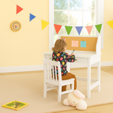 Childrens white wooden study desk and chair with corkboard